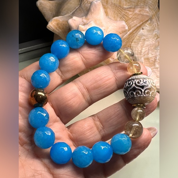 BLUE AGATE + JAK HORNS NATURAL STONES BRACELET size 7.5” - Picture 12 of 13